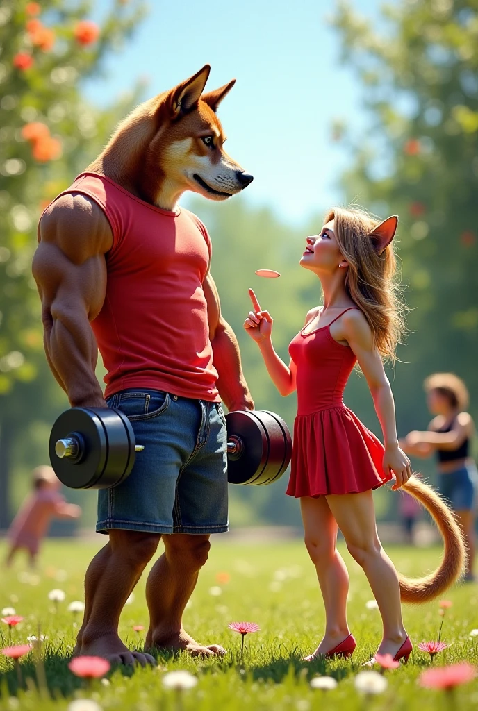 Hyperrealistic style. Young, well proportioned and pretty athletic girl with white skin, light GREY eyes, long light BLONDE hair and large breasts. His hyper-realistic face looks natural. She dresses like a hostess with a tight red bra with white trim and tight red latex pants with white trim. Her suit reveals a very well proportioned body with nice legs and butt, where her breasts stand out. She is standing with a surprised expression on her face, trying to get away from a man she was posing with, who puts his hand under the girl's miniskirt. The man is skinny of short stature, with Latin features and an ugly face, who smilingly hugs the girl. The man wears a green t-shirt and brown pants. The girl is in a fair expo in front of a red and white stand where chainsaws are seen. The image allows you to see both in full body.