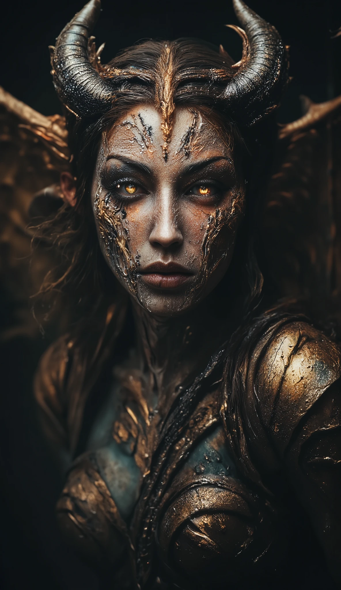 (best quality, 128k,highres,masterpiece:1.2),ultra-detailed,(realistic,photorealistic,photo-realistic:1.37), ((masterpiece)) ((photography)) ((Highest quality)) Front view of a stunning dragon hybrid woman, perfect fusion between human and dragon, elegant and sexy, with glowing reptilian eyes, scaled skin blending seamlessly with smooth human features, sharp claws, dragon wings partially spread, long flowing hair with hints of fire or scales, wearing a minimal yet regal armor with golden accents, seductive and powerful expression, cinematic lighting, ultra-detailed fantasy art, 3D hyper-realistic style.