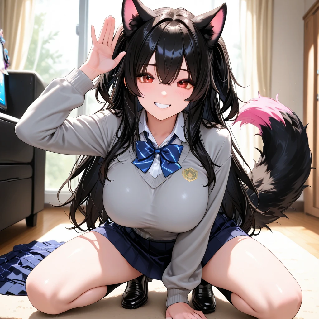 cat uniform ,sexy , big breasts , projecting the cleavage , kneeling ,shy face, long leg