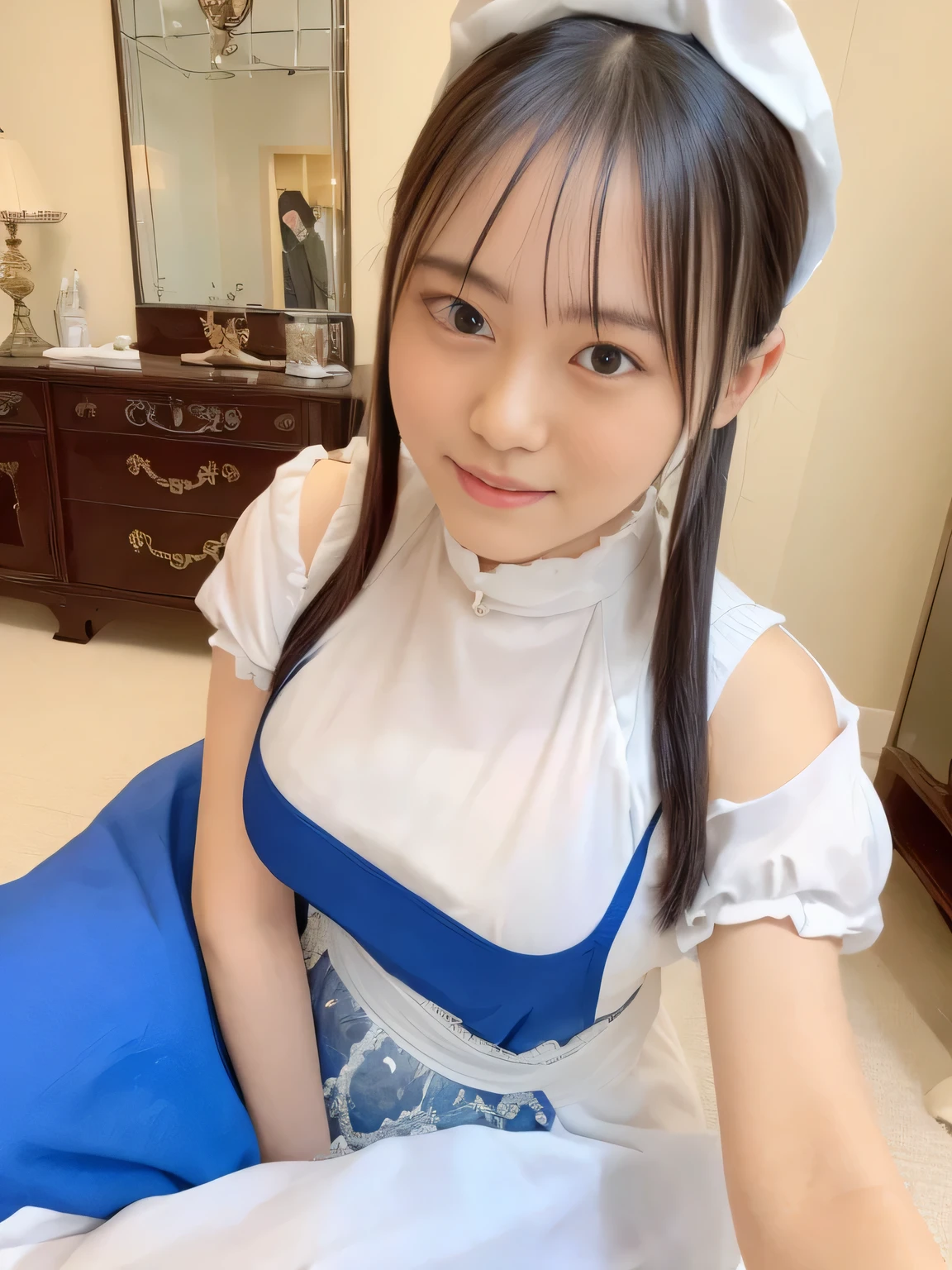 (((best image quality、highest resolution、Ultimate Masterpiece、8k)))、(((Detailed Faces)))(((cute face)))(((Baby Face)))(((Young contour)))(((Lovely Eyes and Nose)))、((( Blizzard 10 )))(((model body type)))(((Perfect Podiline)))、(((Big Breasts 1.0)))((( Detailed Body .5)))(((nsfw)))(((Black Long Straight)))、(((blue and white edwardian maid outfitを着た女の子が一人3.0))) blue and white edwardian maid dress blue and white edwardian maid outfit Girl in Japan maid outfit Blue and white gothic maid outfit blue and white edwardian maid outfitの女の子 Large Ruffled Maid Headband (((Shining Holy Glass large shiny marble room Luxury furniture Lavishly Decorated Living Room))) large glass window Japan look at the camera and put adorable smile ((( Dynamic pampering poses )))((( Angle from waist up )))
