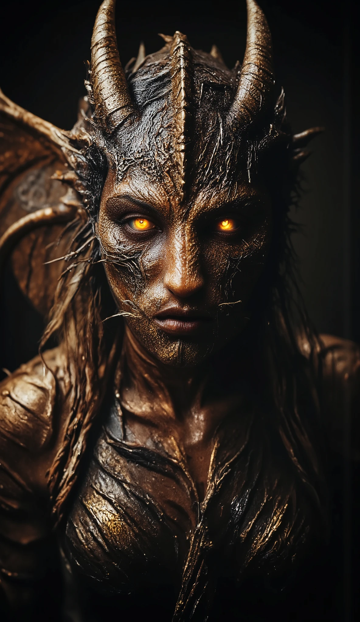 (best quality, 128k,highres,masterpiece:1.2),ultra-detailed,(realistic,photorealistic,photo-realistic:1.37), ((masterpiece)) ((photography)) ((Highest quality)) Front view of a stunning dragon hybrid woman, perfect fusion between human and dragon, elegant and sexy, with glowing reptilian eyes, scaled skin blending seamlessly with smooth human features, sharp claws, dragon wings partially spread, long flowing hair with hints of fire or scales, wearing a minimal yet regal armor with golden accents, seductive and powerful expression, cinematic lighting, ultra-detailed fantasy art, 3D hyper-realistic style.