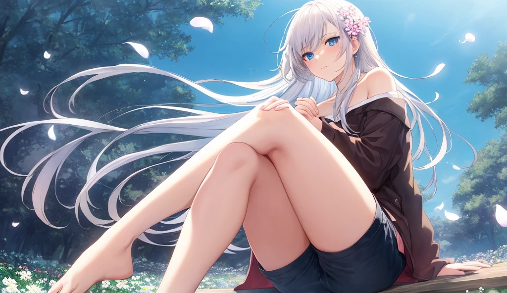 masterpiece, highest quality, High resolution,  Long Hair， Short skirt、Drooping eyes，Outdoor，barefoot，Looking up，Embarrassed face，Angle from below、Big Breasts，Spread your legiku Cosplay