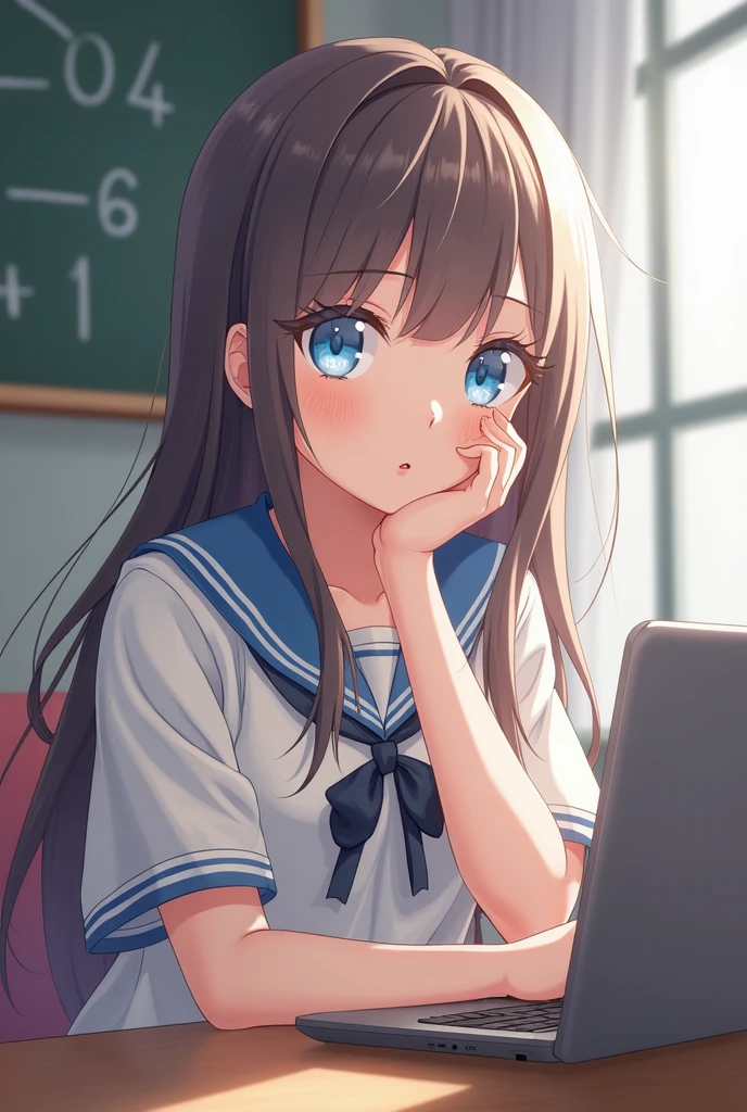 middle school3Grade Girls。PC2010Stuff of the year Looking at a computer。 Hair is tied together with a natural perm。Brown hair。