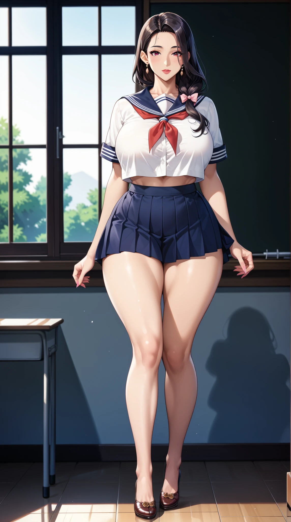 (8K, RAW photo, highest quality, masterpiece: 1.2),(messy brunette hair),17 year old Japanese woman with perfect body,beautiful face,((short sleeve, All dark blue cute sailor suit, dark blue pleated skirt, dark blue sailor color, Sailor Scarf, socks, brown loafers)),(huge breasts:1.4),school classroom,evening,cute pose