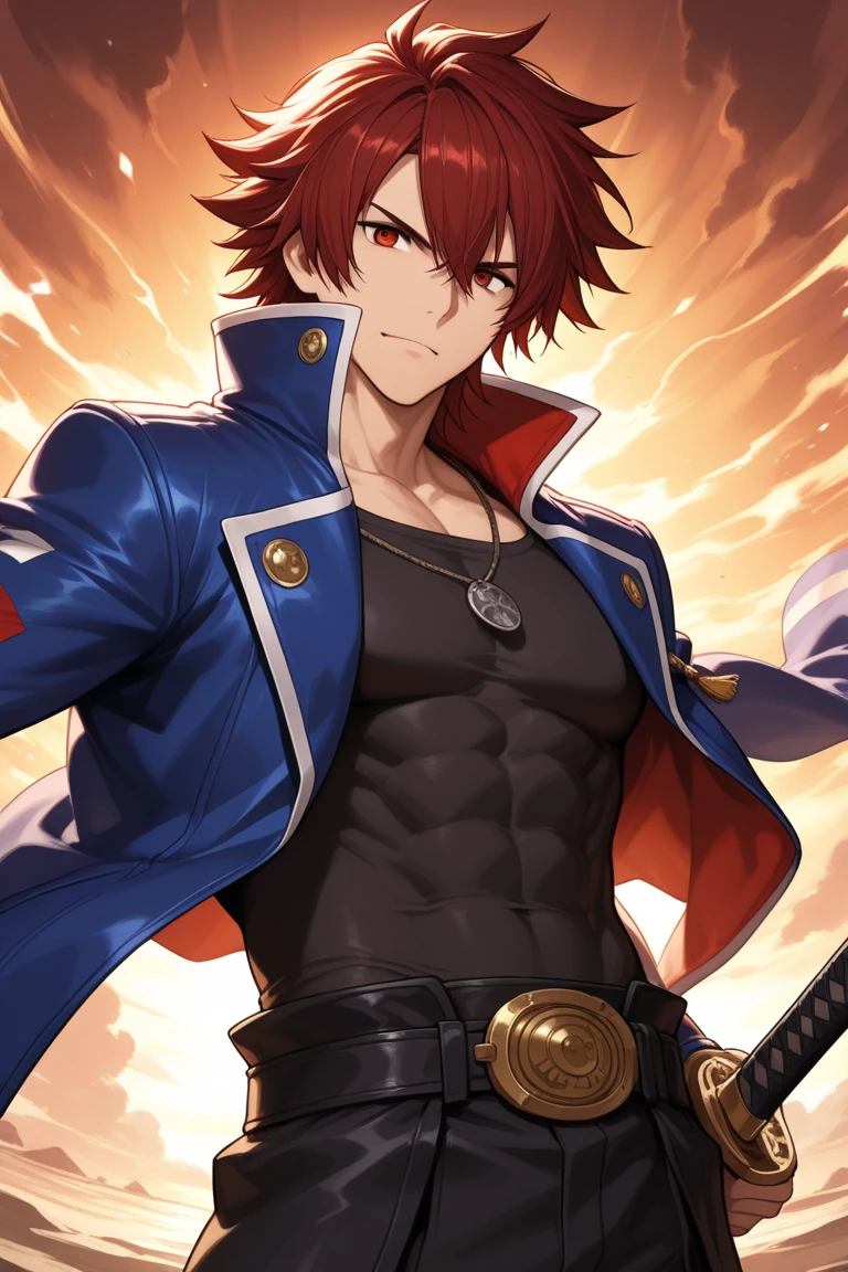 Male, 23 years old, 183cm, good-looking, red hair, blue eyes, slanted eyebrows, manly
