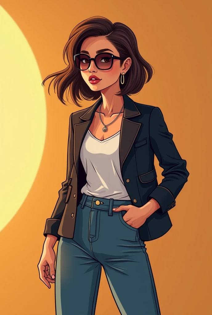 A stylish, mature woman depicted in a chic cartoon style. She flaunts a sophisticated, contemporary fashion sense with a sleek, tailored blazer and a silk scarf gracefully knotted around her neck. Her hair is styled in a fashionable, yet effortless bob, and her expression radiates confidence and elegance. Accessories like minimalist, yet striking jewelry and designer sunglasses add to her urbane allure. The background hints at a cosmopolitan cityscape, complementing her modern and refined aesthetic, <lora:ilacartoon-000017:0.7>