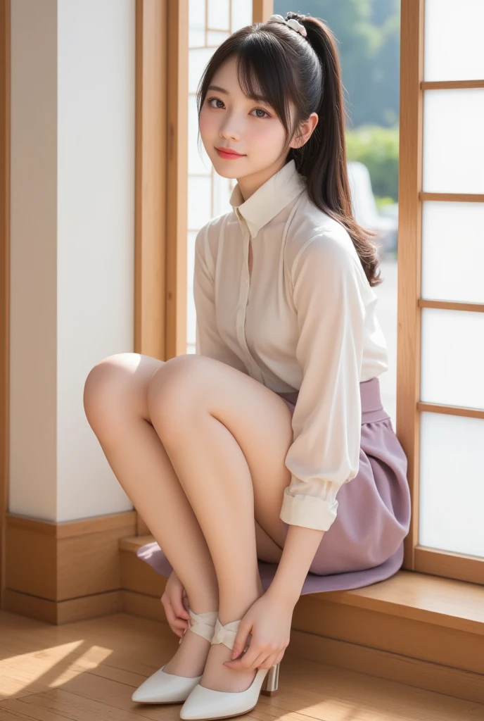 (masterpiece, best quality:1.2), 1girl, solo, Sit on the floor holding your legs、slender、Adult female、Short skirt、White panties、Sitting with legs crossed