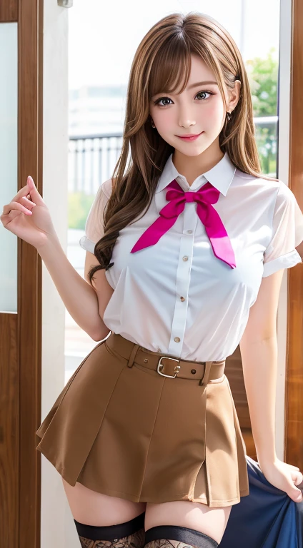 (( A fair-skinned young woman with waist-length dark brown hair and brown eyes. She is described as a very cute girl slim and attractive build, and is often seen wearing the standard school uniform, que consiste en una camisa blanca con una corbata roja, una minifalda ultracorta plisada azul marino y zapatos marrones))