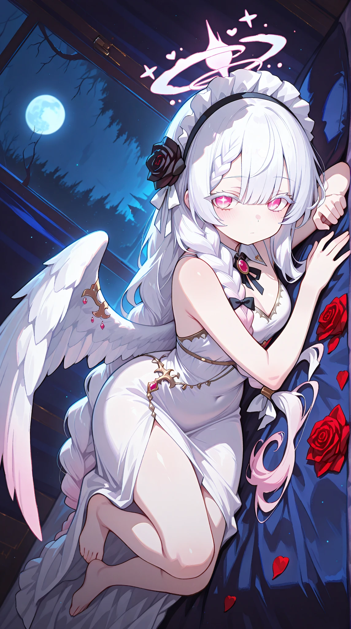 anime style、VERY DETAILED EYES, evangelizing eyes, Beautiful Girl, white background, 精致beautiful面容和眼睛, Deep Eye Shadow , White Ribbon,ta headdress , pink eyes, white eyelash 女孩, 淡pink eyes, White hair, Very long low double twist braid with white and pink double dyed, gradient hair,Very long low double twist braid,Light pink eyes, white eyelash , sexy pose,有小小的angel wings,little maid,normal number of fingers,in bed and the two interact,shy,ambiguous, Movie, masterpiece, best quality, High quality, newest, darkness, masterpiece, best quality, amazing quality, is very beautiful, 어처구니없는, newest, landscape, Light, contrast between light and dark, dynamic angle, From above, From the side, side view, outstretched arm, hauntedglow, sparkling eyes, 1 Girl, pink halo , angel wings, feather, Gojo Satoru, Curse Return, Colored eyelashes,very long hair, Braided Bangs, Braided Bun, double layer bread, (White hair), Hair on the right eye , expressionless eyes, big , (Petite but curvy), Very cute, beautiful, shy的, (pale:0.91), Alternate Outfit , Jewelry, white goddess dress, barefoot, is tethered, Supine, Rose cage, (Red Rose, Black Rose, petal:1.4), fantasy, darkness的, night, moon, Volumetric Lighting, dappled light , lightweight particles, Dramatic Shadows, cinematic lighting, photo background , depth of field,