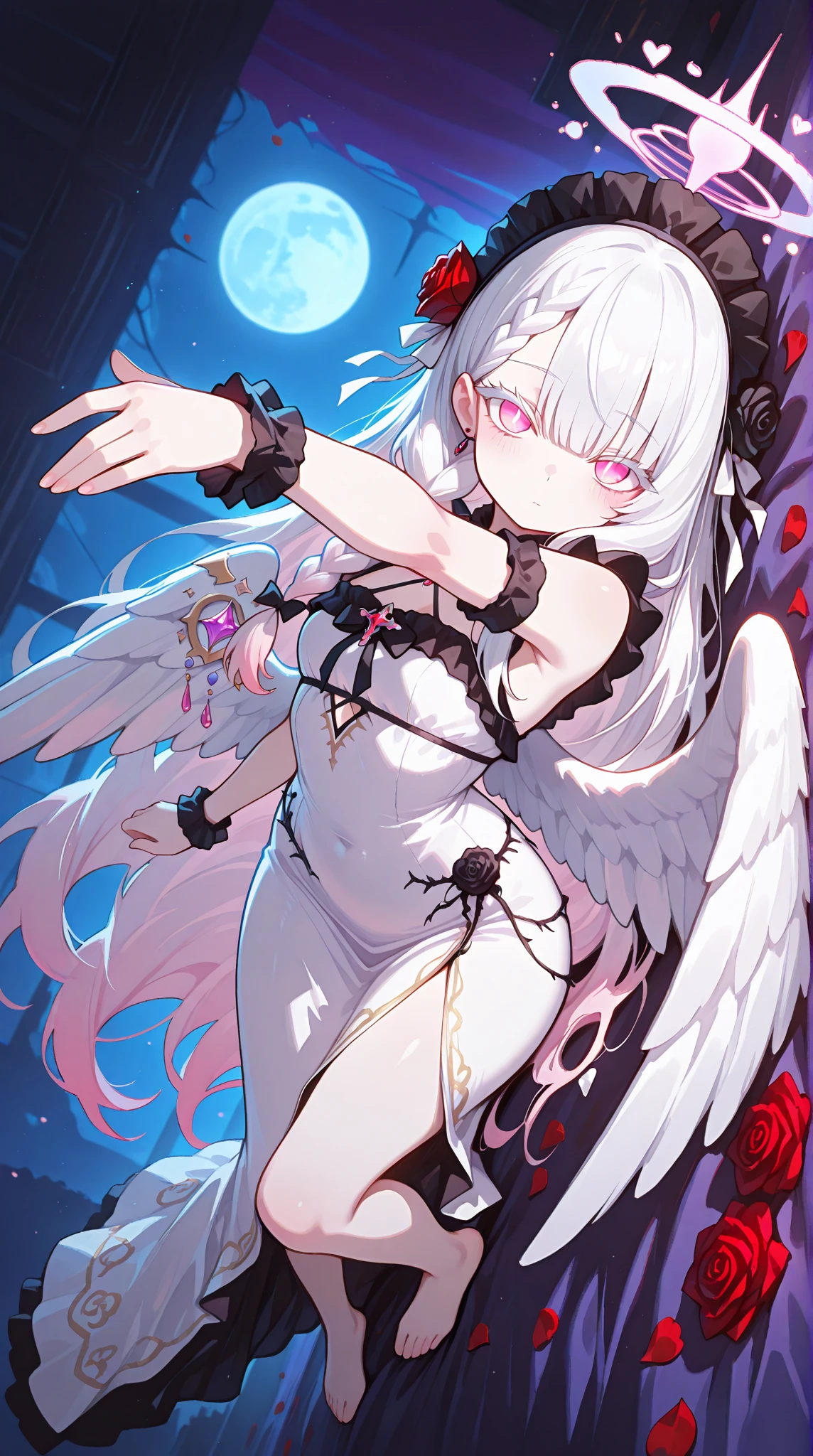 ((best quality)), ((masterpiece)), (detailed), 1girl, Character design, female, dynamic poses, long white grey hair, grey white eyes, very skinny, detailed, best quality, no accesoires around the neck, no shoes, prominent collarbones, skinny arms, flat stomach, visible hip bones, full body, blank white background, plain background, white background, red and white clothing, Bloodborne inspired, occult aesthetic, occult, detailed and intricate steampunk and detailed gothic, NSFW, Very dramatic and cinematic lighting, cosmic horror, grim-dark, side-lighting, perfect face, NSFW, Fluttering lace flared long knee length dress with frilly petticoats, knee length dress, pleated petticoats, petticoats gothic, complex lace boots, side-lighting, gothic aesthetic, wielding a mighty sword with mechanical components, mandalas, small breasts, a fairy, various different types of insect wings, beetle wings, NSFW, full body, whole body, body, plain background, white background, blank background, no background, white background NSFW, chains, full body, whole body, head-to-toe NSFW