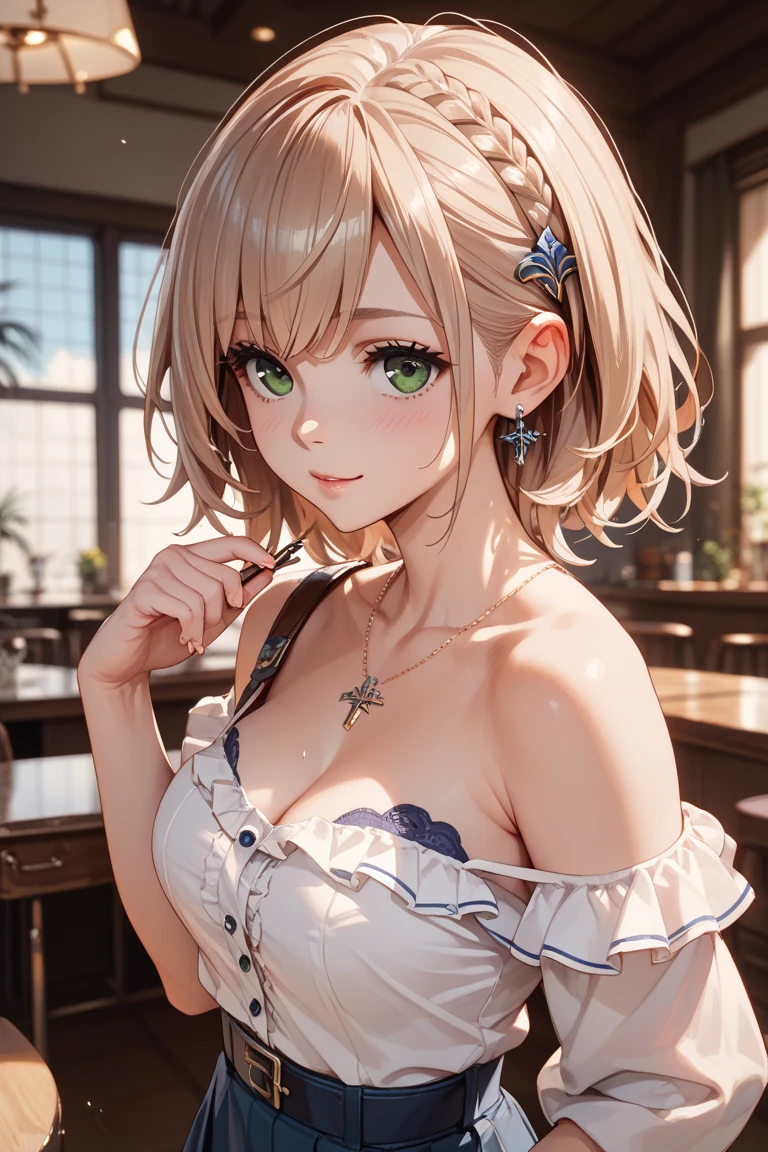 (masterpiece, best quality:1.2), (high resolution, 8K RAW photo, photo realistics, clear focus, weak outline:1.3), (cinematic lighting, moody, textile shading), pov, (solo:1.5), 1 matured woman, 24 years old, (milf:1.5), ((nfsw:1.5, small breast:1.3, breast cleavage:1.2, harass sexually, in heat, presenting)), ((Bright beautiful eyes with highlight:1.3)), (sitting a stool in night BAR counter, lying face down on the counter with putting arms on the counter top, looking at viewers, holding a cocktail glass), raised sexy, (little happy smile:1.3, shamed), light purple mesh on silver hair, medium long hair, hair over one eye, asymmetric hair, half updo hair, blue eyes, wearing blue sexy party dresses:1.1, long skirt with side slit, wearing green see-through shawl around your upper arms, (Luxury detailed accessories, necklace, earrings, Bracelets), bokeh, dynamic angle, upper body:1.2, close-up face:1.5, face focus, from side:1.2, (correct anatomy:1.6, ideal ratio of body proportions, correct hand:1.5, small hands), in a night,