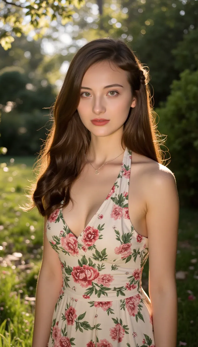 (best quality,ultra-detailed,photorealistic:1.37),A woman with long curly blonde hair and a round face standing in a square,illustration,detailed portrait,beautiful detailed eyes,beautiful detailed lips,happy expression,sunlight filtering through the trees,fine textures on the skin,loose curls flowing down her shoulders,elegant clothing,standing with confidence,green surroundings,floral patterns on her dress,vibrant colors,playful breeze,twinkling bokeh lights,soft shadows highlighting her features.