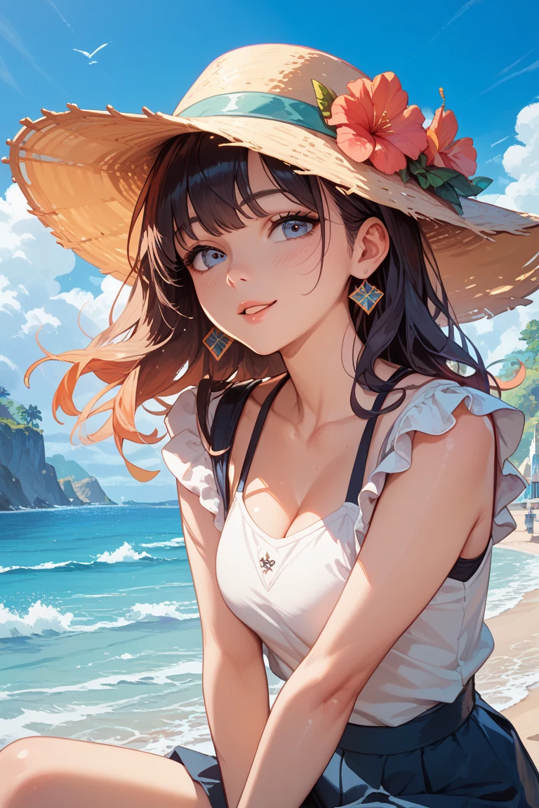 Best quality, masterpiece, 1girl, solo, bikini, resting on a beautiful sandy beach, summer time, fluffy clouds, futuristic, blue sky