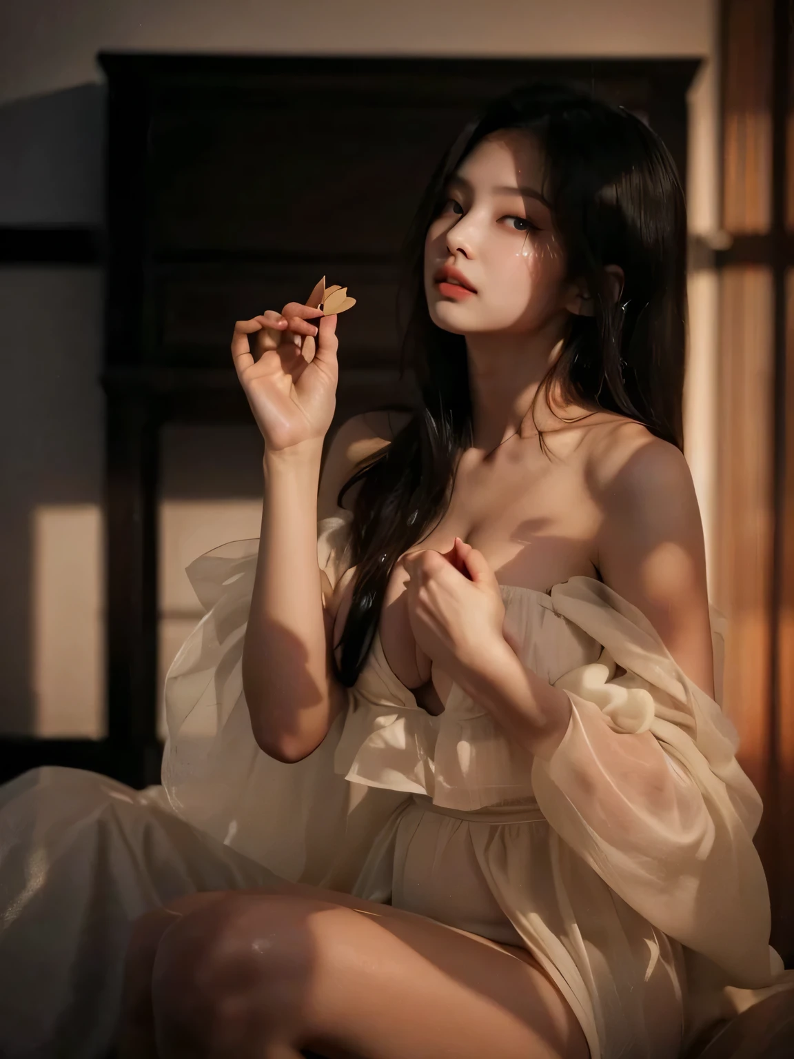 Satanic、despair、Devastation、natural disaster、middle ages、Red full moon、Woman looking up to the sky and shedding tears、Place your hand on your chest、Sad look、Light makeup、Fluffy camisole