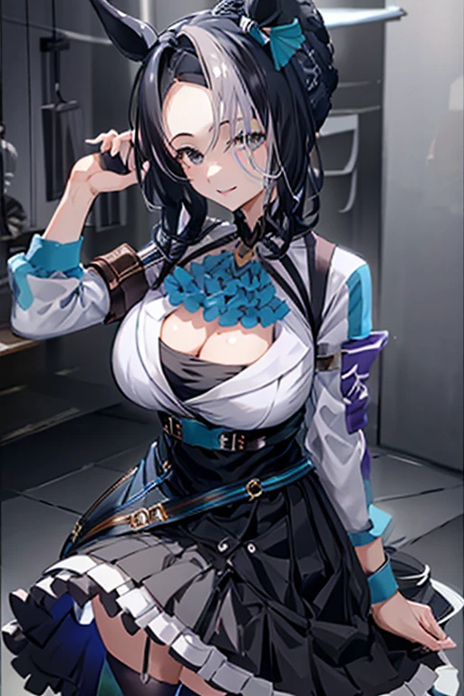 teenager in work uniform working as a cashier at a fast food stand behind the counter watching viewer, with huge tits, anime style