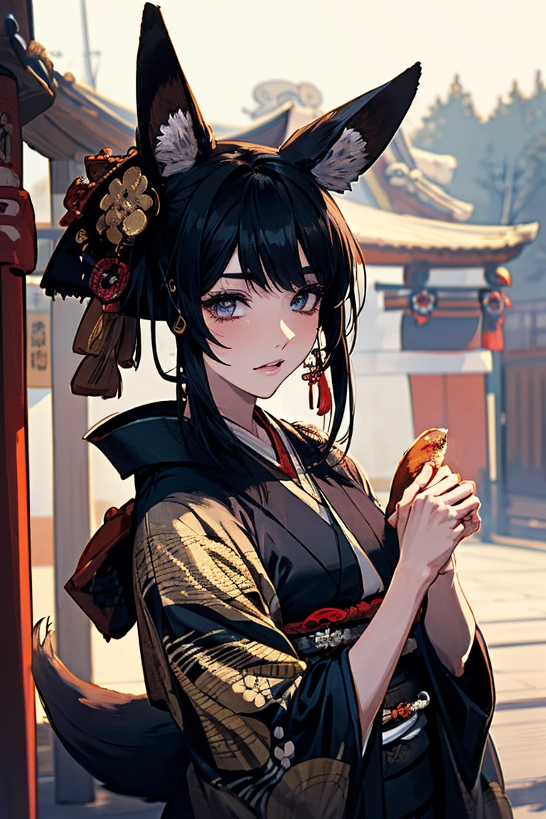 (Fox Girl, Fox Ears, Black colored hair, Fox Makeup, One Girl, Long Hair:1.6), (kimono, Kimono with open chest, A beautiful kimono with red and black patterns, I can see her cleavage, Open chest, Exposed skin:1.8), (Body measurements are 75-60-75!, Young girl body, Small breasts, Small breasts, Emphasize the chest, Knees are slightly visible, Muscular, Abdominal muscles, Hide your own chest with your hands:1.9), Avatar, face, lewd face, Dominant representation, naughty face, Uplifting, Skin Texture, outside, Grassy field