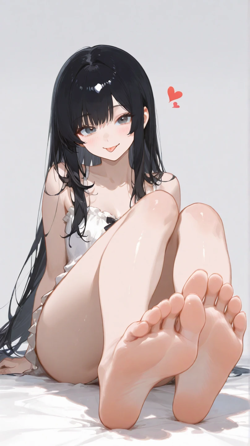 masterpiece, best quality, 1girl, black hair, long hair, red eyes, smile, barefoot, footstomp, soles