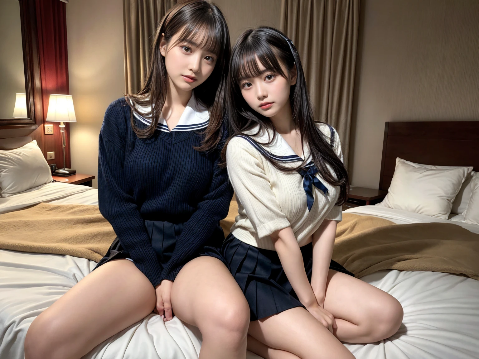 (masterpiece:1.4)、(1male people:1.9)、1girl、15 years old,(:1.2),high school student,beautiful girl,(short ponytails:1.2),akb48,nogizaka46,sailor suit,high ,(A father is touching his delicate girl's crotche:1.9)、student clothes、a closeup、Lying in bed、Father touching the crotch of delicate girl、(Cute 15-year-old delicate girl with semi-long hair and 50-year-old father with short hair)obscenity:1,2、Metamorphosis:1,2、NSFW:1,2、caress:1,2、Wrinkles between the eyebrows、Touching each other's crotches、red blush、toppless、White panties、Dark blue pleated mini skirt、tre anatomically correct,(small breasts:1.2),(skinny:1.2),