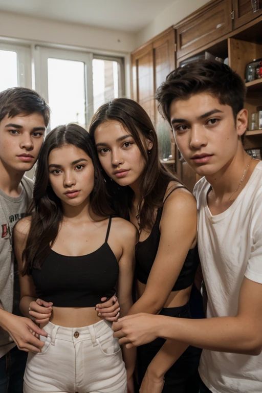Create a 20 year old boy with black hair, brown eyes and white skin, a 19 year old girl with black hair, brown eyes and dark skin, and a 21 year old boy with brown hair, brown eyes and white skin sitting on the living room sofa watching a movie at night 
