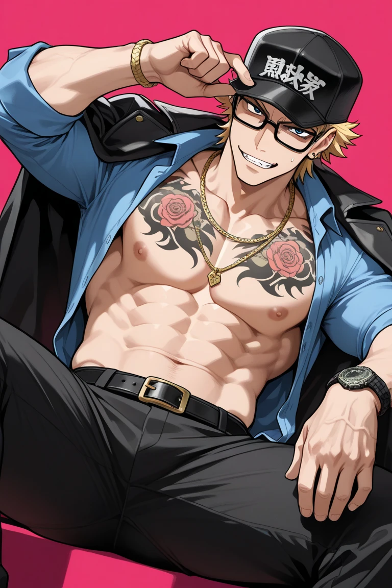 mostly shirtless, orange outfitted redheaded high-schooler in a bright orange top hat, willy-wonka-core, in Yellowstone national park, is a young gene wilder in jojo art style