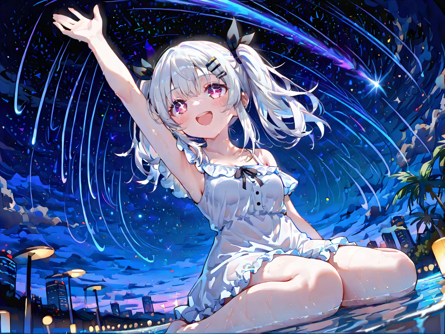White Haired Girl,Best Quality, medium hair,Asymmetrical hairstyle, loli,pink eyes, high resolusion,medium breasts,black cross hair clip,Open mouth, medium shot, from below, looking up, arm up,wariza,Night, A meteor shower dancing in the night sky, countless stars twinkling in the clear air,smile,twintails, hair tie,frill dress,black ribbon