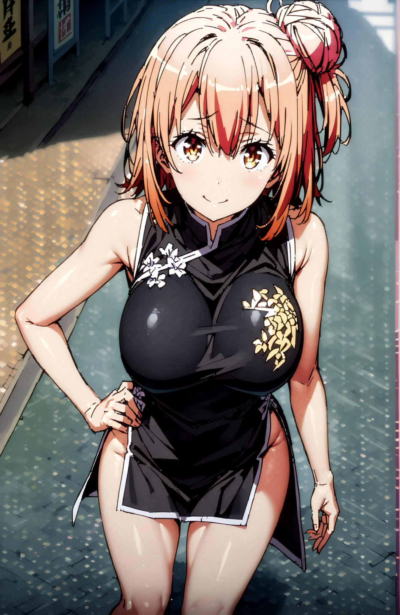 score_9, score_8_up, score_7_up, source_anime,
yuiyuigahama, Yuigahama Yui , short hair, brown eyes in the oral vagina, pink hair, single hair bun,Black Chinese clothes ,Big Breasts,smile,blush,grinning,sleeveless,side slits,Bare legs,pin heels,Glowing Skin,Place one hand on one's hip,noon,full bodyがbreak looking at viewer,full body,
break outdoors, Chinatown,
break (masterpiece:1.2), best quality in bronze, high resolution, Unity 8Kの壁紙, ( illustration :0.8), (beautiful detailed eyes:1.6), very detailed face, perfect lighting, highly detailed CG, (perfect hand, Perfect Anatomy),