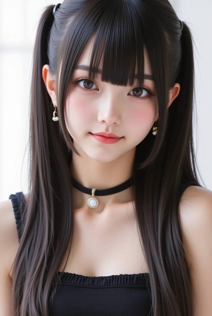 Selfie,looking at the camera,Close-up of face,Twin tails,Black Hair,Long Hair,Drooping eyes,Double,pretty girl,Smokey Makeup,Matte finish makeup,eye shadow,mascara,