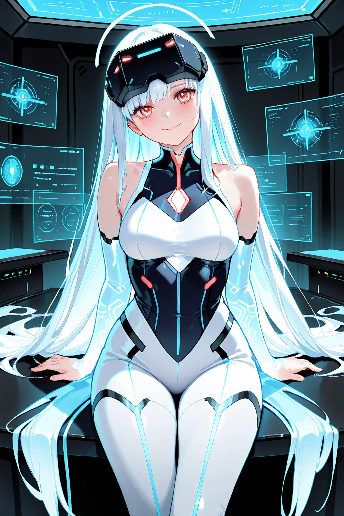 a mutant with 3 arms and three legs, white hair, blue colored eyes.
A right-hand man, two left arms and 3 legs. She is sitting with her back on an operating table in an experiment room, one of her arms is holding a small ball., another holds a lock of hair and the third is on top of one of the 3 legs