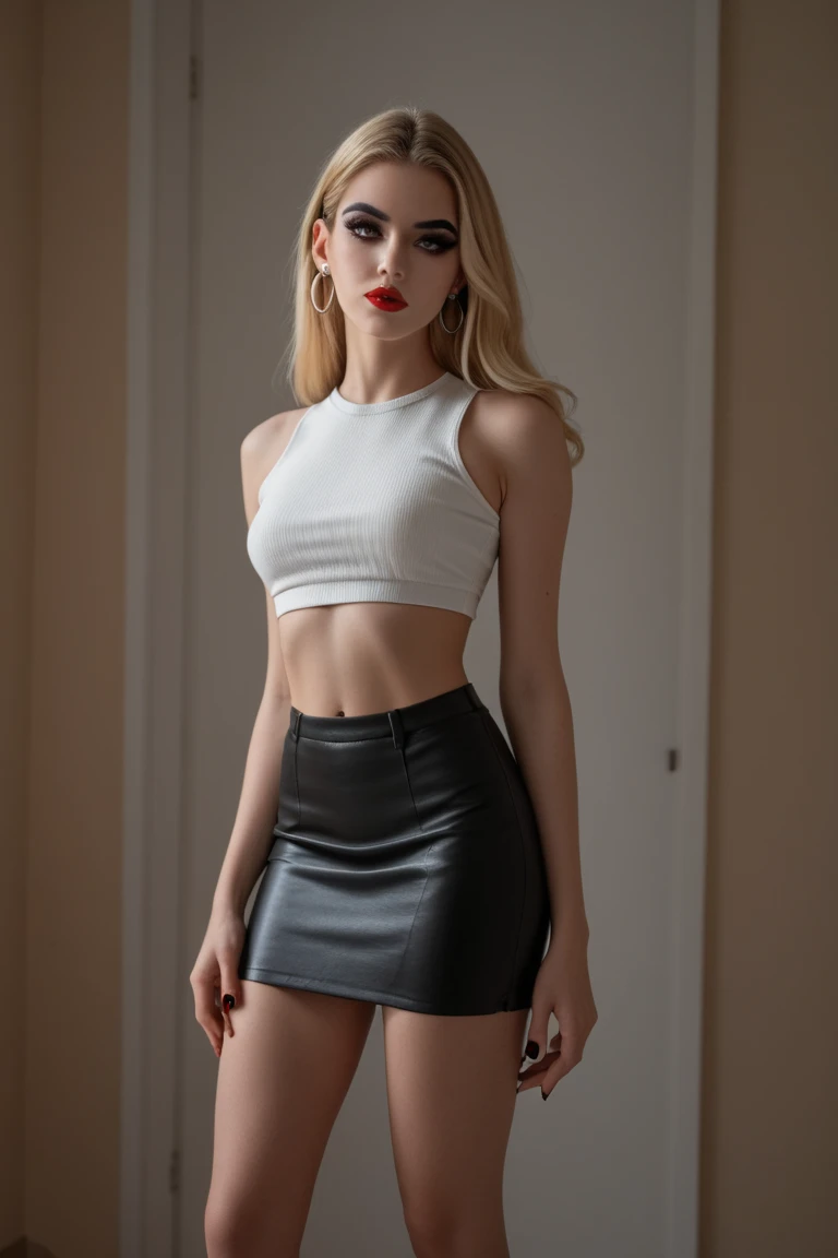  Full - body shot Fashion photoshoot of 15 - years - old beautiful girl, looking like a bombshell, tall and slim, full body shot, wearing a tight black leather skirt with a short unbuttoned white blouse, black high - heeled shoes, brown long pinned up hair locks in her eyes, mesmerizing brown eyes, full red lips, white skin with detailed texture, against a misty, smoky bluish background, with high quality, cinematic, realistic, high - resolution, extremely intricate details, and vibrant neon