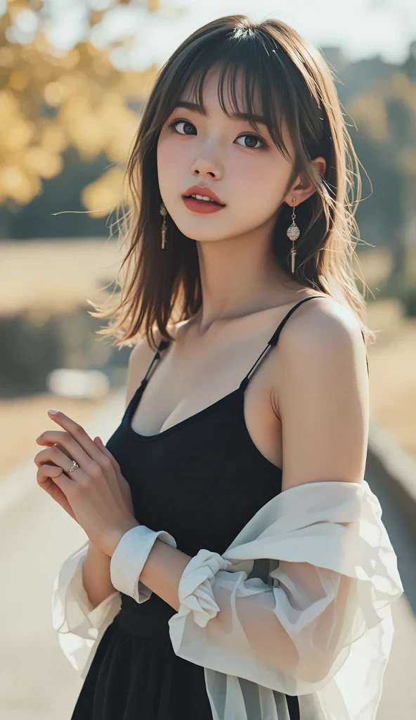 20 years old seductive mature woman, (photorealistic:1.4, realistic), highly detailed CG unified 8K wallpapers, 1girl, (plump body:0.8), face infront of camera, (HQ skin:1.4), 8k uhd, dslr, sun-tanned lighting, high quality, film grain, Fujifilm XT3, (((thin tight v neck t-shirt))), (black shaggy hair), bare shoulders, ample cleavage, bulged big chest, bright breasts, full body shots, blushy face, closed eyes, grass field background 