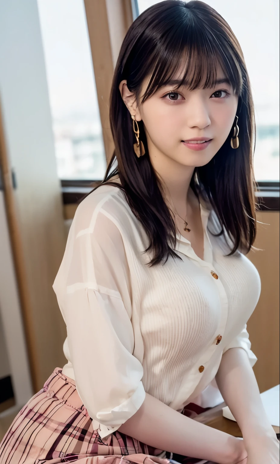 ((Tabletop, Highest quality, High resolution, , Pixel perfect, 4K, ))), 1 Girl, single, alone, Beautiful woman、(An angle where you can see the whole body)、 ((Mid-wave hair, bangs, Brown Hair)), ((Brown eyes, Beautiful eyelashes, Realistic eyes)), ((Detailed face, blush:1.2)), ((Smooth texture:0.75, Realistic texture:0.65, Realistic:1.1, Anime CG Style)), Big Breasts、Soft Breasts、Dynamic Angle, Perfect body, ((Female rulers、、、Beige off-the-shoulder sweater、Dark blue flared skirt、Black garter stockings、Earrings、necklace、Upward glance、A shy smile、Library desk、Lean forward with your elbows on the desk、Showing cleavage、Spread your legs wide、))