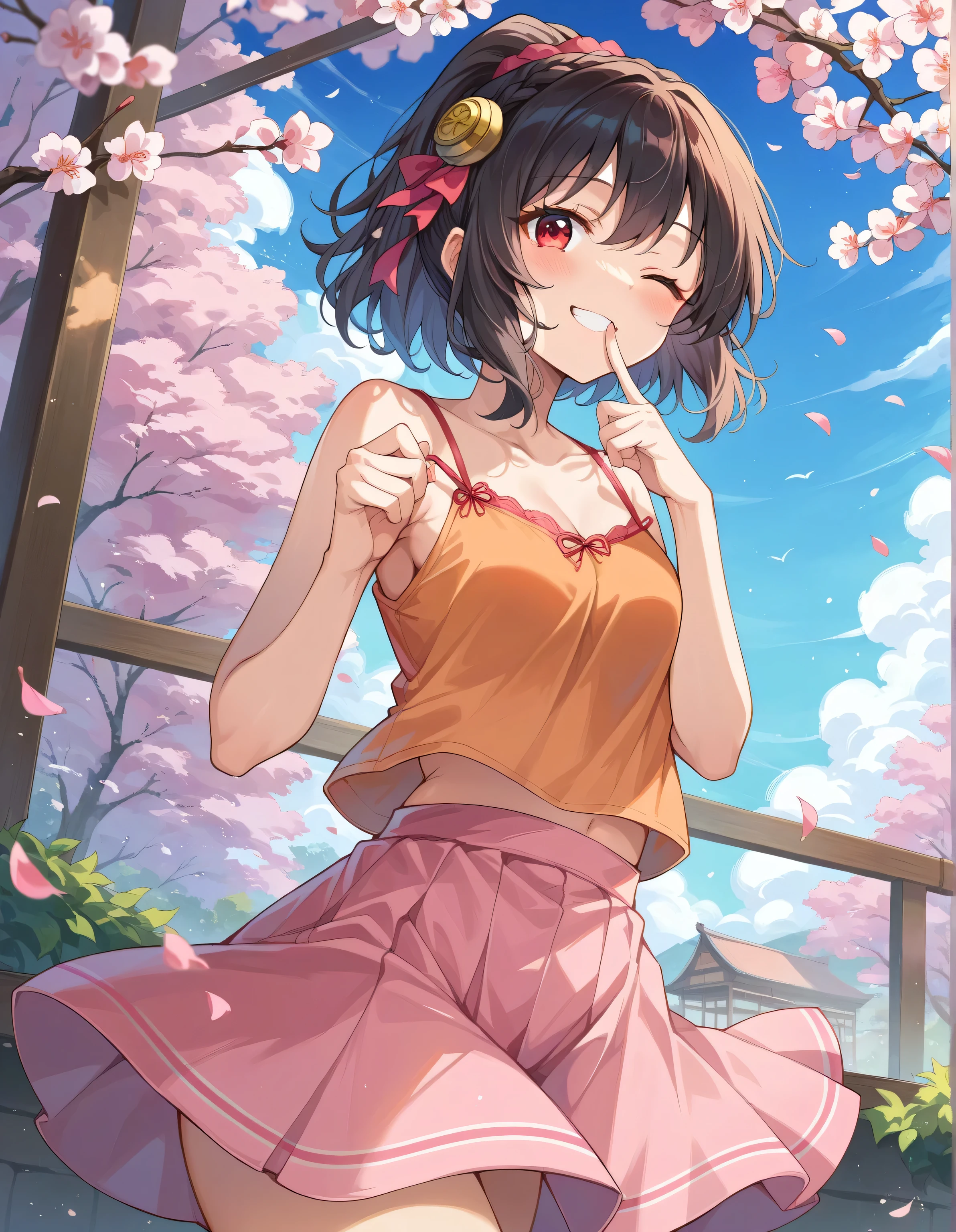 high definition,high quality、
Yunyun、 (One person)、red eyes、black hair, hair accessories, (orange camisole),pink skirt、solo、high ponytail、cherry blossoms、blue sky、,(blush),(smile),Short hair、(one eye closed),(finger to mouth)