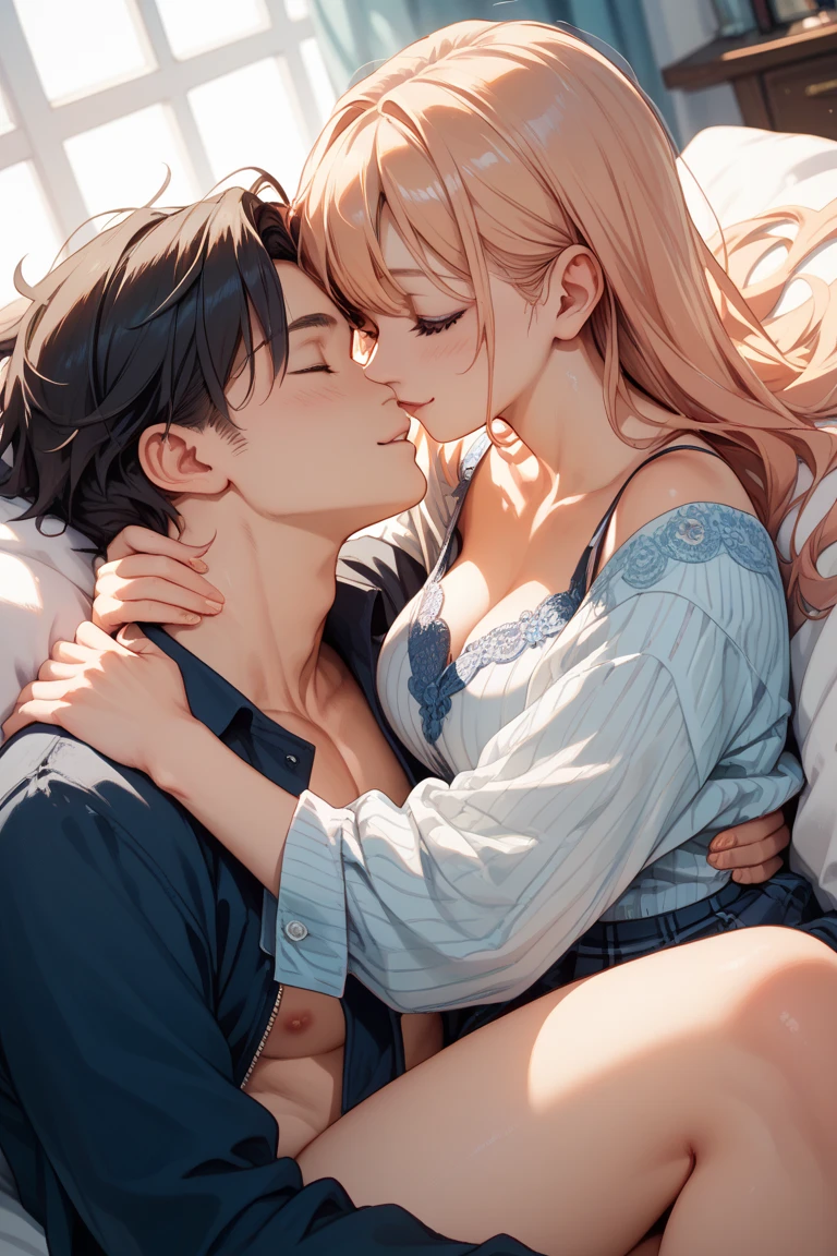 ((Highest quality)), ((masterpiece)), (detailed), ((a mature housewife and a young man)), long shiny light brown hair, housewife in a red dress, man in a white shirt, open mouth, medium breasts, he sofa, living room, embarrassed, in heat, happy, sweat, ecstasy, (imminent kiss), bare feet, (incoming kiss), closed eyes, (upper body),