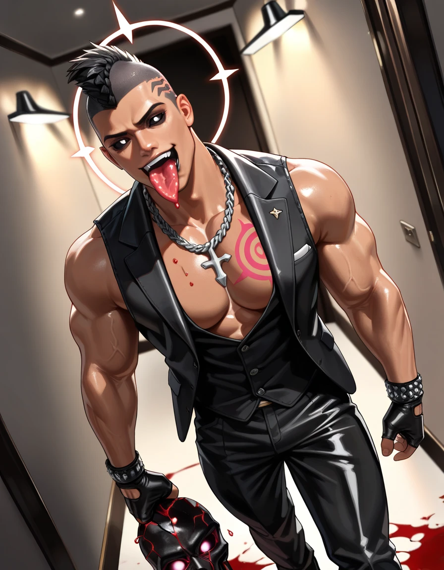 masterpiece, highest quality, ethereal,1guy, solo, , two-toned black and white hair, venom eyes, porcelain skin, long hair, wearing leather harness, black tight pants, luxury red room, jewelry, depth of field, cinematic lighting, muscular, colored lights purple , vampire, fangs, no shirt