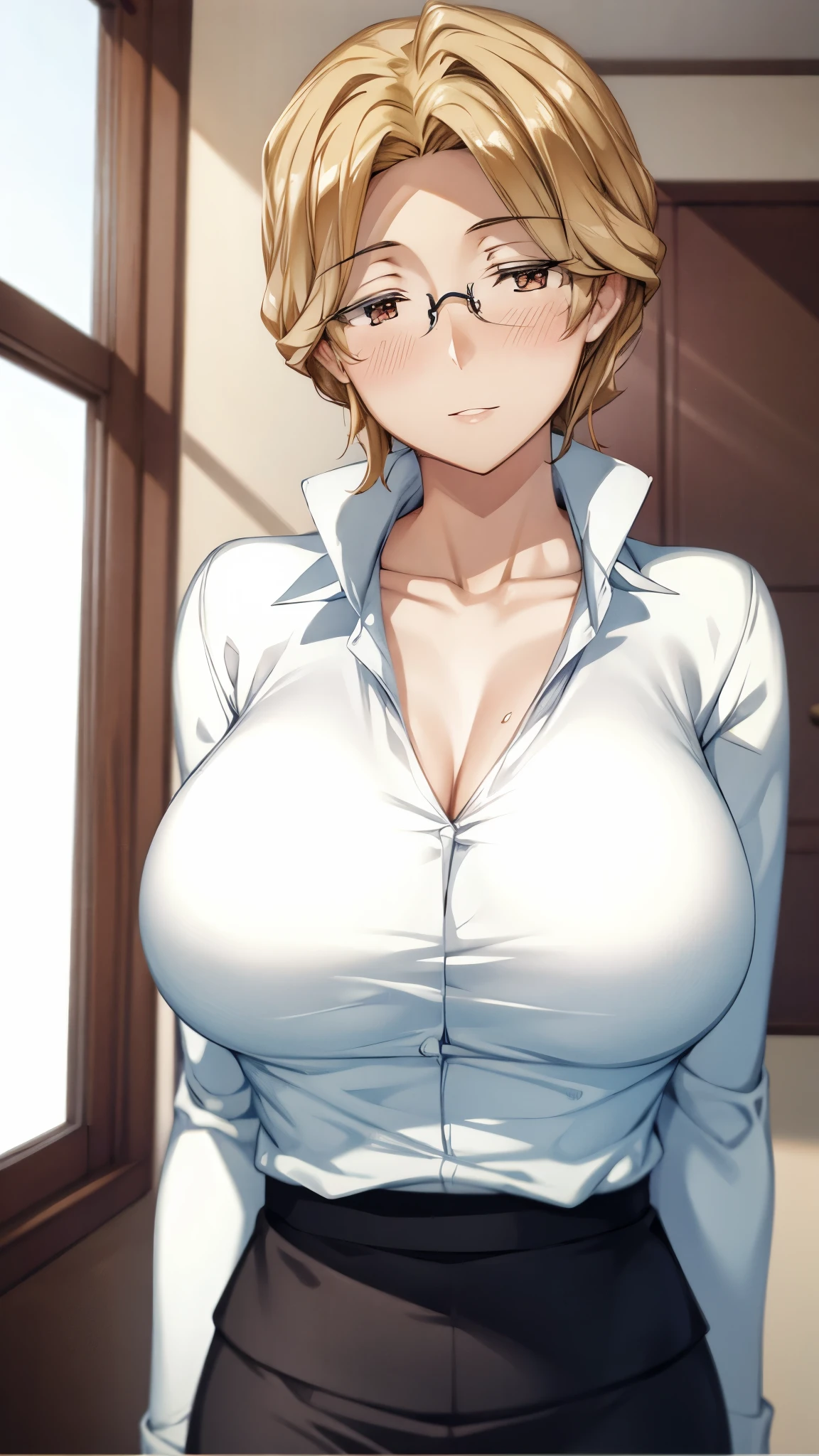 Masterpiece, best quality, high resolution, 1girl,mature female, big breasts, blonde hair, black eyes, slim waist, eyeglasses, looking at viewer, perfect anatomy, white shirt, laced panties, arms behind back, bedroom background