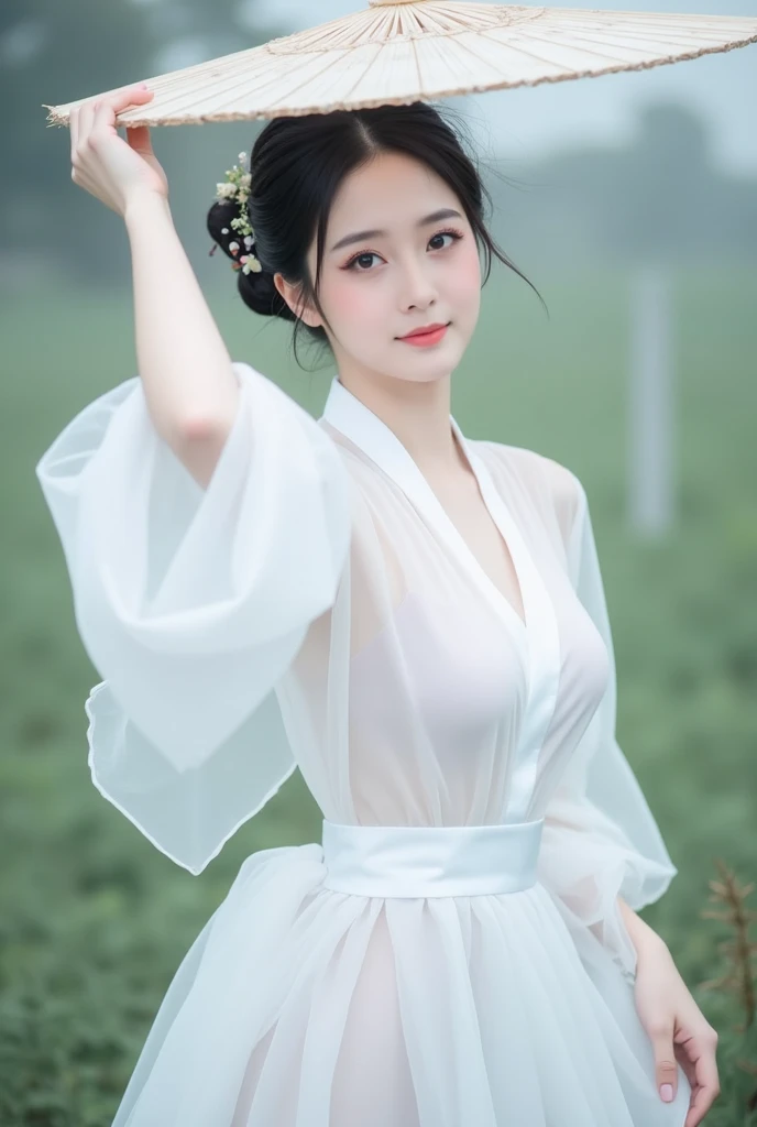 Light pink and light white tones,full bodyesbian,  white backgrounid, Natural lighting, Efeito de Luz, minimalist, Elegant, pure tenderness, softlighting, realisticlying. A woman who is (鎖骨, bshoulders,) posing on a (pray and stand) A super giant lotus with large and long petals (Petals are made of thin, soft gauze fabric, Full background of flowing petals, floating petal, super flying petals, Smoke effect mixed with petals), Lotus dress,((ssee-through)).