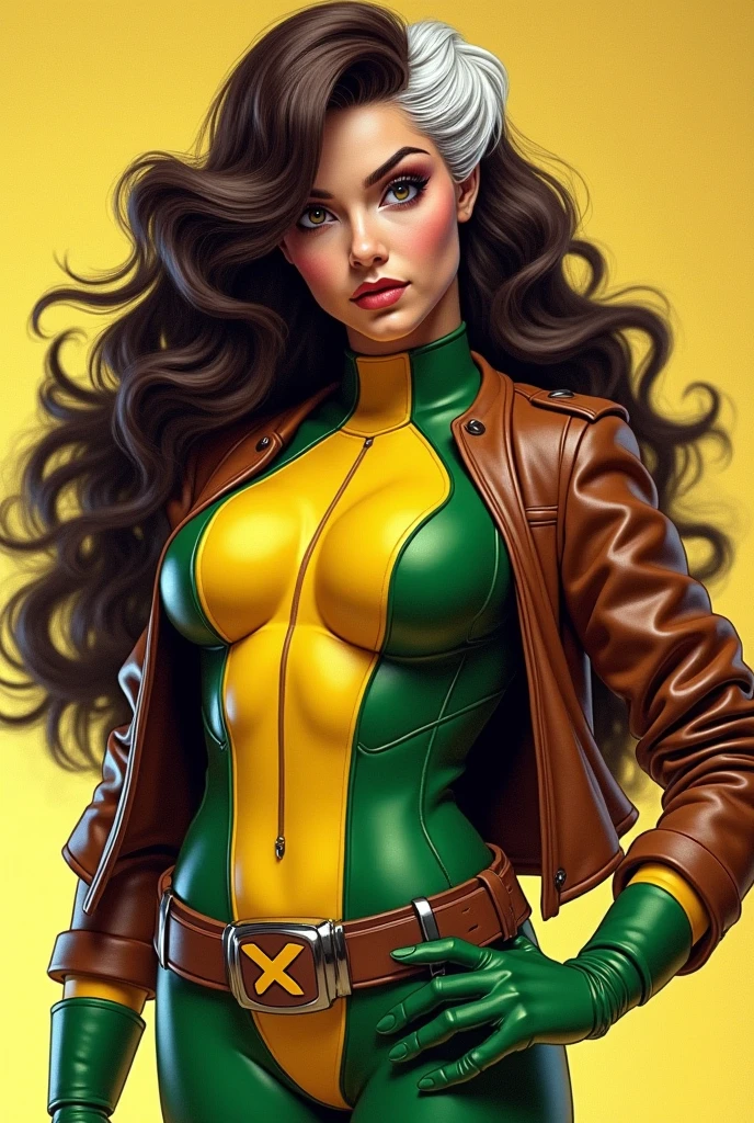 Woman, dark skin, straight hair, she was wearing a green and denim blouse and in the middle a brown belt that showed off her thin waist, comic style. Marvel comics