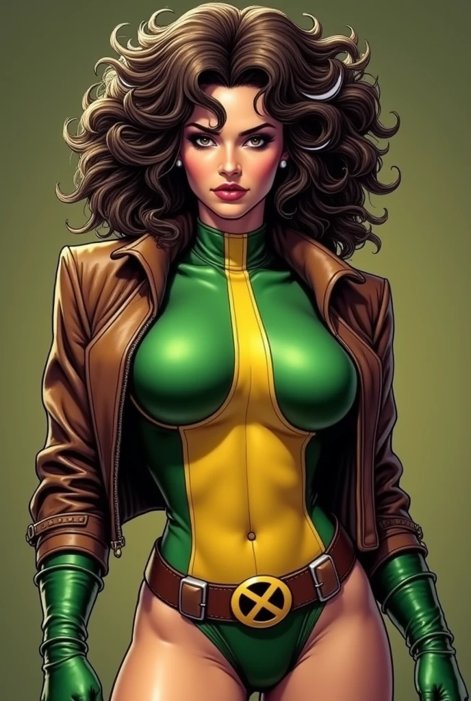 masterpiece,best quality,extreme detail,8k,white background,rogue2,1girl,solo,long hair,big breasts,simple background,brown hair,gloves,white background,medium breasts,green eyes,jacket,white hair,multicolored hair,boots,parted lips,open clothes,belt,artist name,signature,two-tone hair,open jacket,lips,looking to the side,fur trim,bodysuit,makeup,headband,turtleneck,watermark,wavy hair,knee boots,light smile,lipstick,clenched hand,multicolored clothes,buckle,clenched hands,cropped jacket,high collar,brown jacket,belt buckle,leather,animification,superhero,yellow footwear,yellow gloves,leather jacket,bomber jacket,dyed bangs,multicolored bodysuit,green bodysuit,yellow bodysuit,standing in the Park
