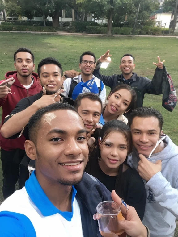 realistic photo of 3 Indonesian women aged 38 years all wearing red hijabs, 2 Indonesian men aged 38 years, (all wearing yellow uniform t-shirts with the words "BESTFRIEND"), all wearing blue denim trousers, wearing sneakers, taking a selfie together. everyone smiled happily. mountain and flower garden background. Skin details, HD, 8K