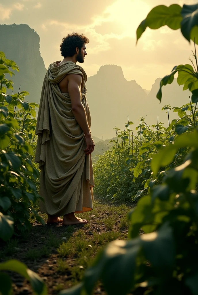 Make an image of a Man representing Adam from the Bible without tattoos with clothes that represent well when God spoke to him that he had already discovered sin. 
