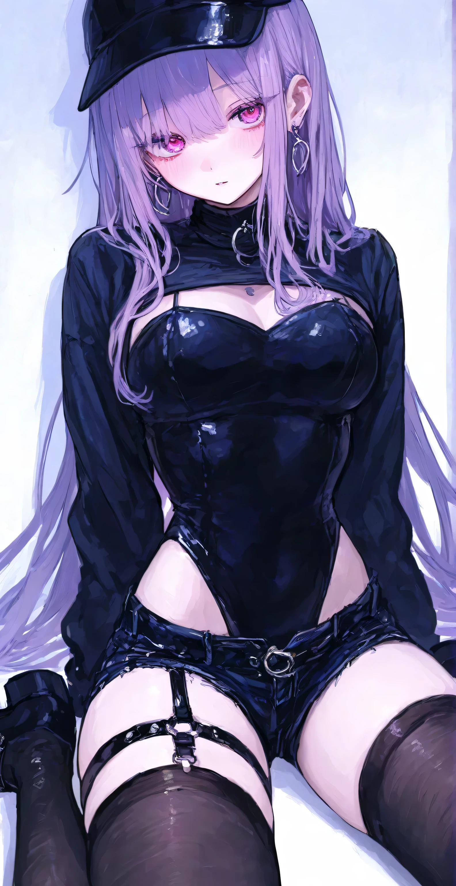 (absurd, 8K, 4K, masterpiece, hyper extreme detailed:1.2), alone, (1 person), front view portrait, best quality, portrait, alone, adult, cowboy shot, complete anatomy, 여자 1 person, perfect face, expressive eyes, perfect eyes, latex , standing up, standing against wall, standing, Kyoko Kirigiri, (give:1.1), hair behind the ear, long hair, (side give:1.1), light purple hair, hair ribbon, ribbon, (purple eyes:1.1), graphic t-shirt, casual wear, glasses half body, dynamic pose, look forward, looking at viewer, stoic, indifferent, The best anatomy, (whole body), wrapped around face, standing, aakyoko, long hair, purple hair, side give, blunt bangs, hair ribbon, black ribbon, Danganronpa \(series\), annoyed, (((I see pussy))), (((Nipples are exposed and clearly visible))), ((latex 미니스커트)),NSFW, Pussy exposure , large erect nipples, ((spread your legs wide apart))