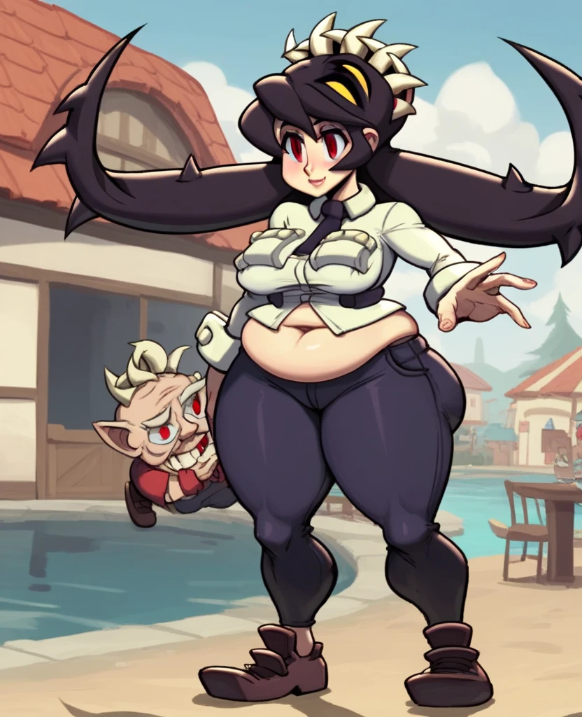 mother and daughter (mother: wide hips, elf pointy ears, full body, standing, revealing armor, curvy, chubby, huge breasts, bikini armor, blonde hair, ponytail hairstyle) (daughter: shortstack, small girl, wide hips, elf pointy ears, full body, chubby, standing, revealing gloves, black hair, bob cut hairstyle, bikini armor)