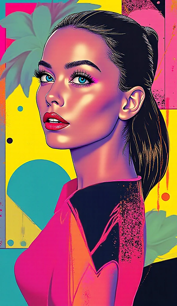 Playful, young woman posing in a colorful, whimsical setting, reminiscent of pop art, digital painting, high-definition resolution, bright color scheme, cleavage --auto --s2