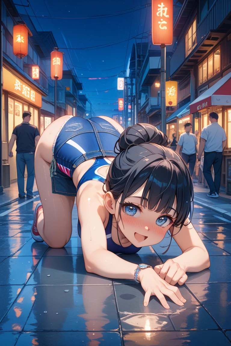 (highest quality), 1 girls, strap slip, show off nipple, bustes press, Small breasts, Nipple exposure, ((school swimsuit )), embarrassed, ((Sweat)), In a busy city , Shoulder Bare, ((cleavage)), Tears and a look of panic, exposing nipples, front Low angle, black hair, Twin tails Hair, 18-year-old, Squats, Leaking urine,
