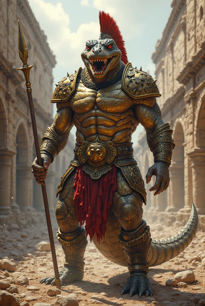 Argonian, solo, male, shirtless, red neck, spikes on head, green scales, huge muscular frame, Greek sword, round spartan shield, Conan fur skirt, leather strap sandals, arena