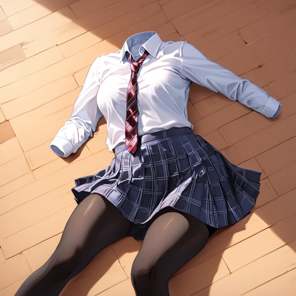 (invisible:1.5, no humans:1.5, headless:1.5, faceless:1.5), (School uniform, plaid skirt, black pantyhose, striped tie, on floor:1.2), (cute big breast), detailed cloth texture, ((1 girl))