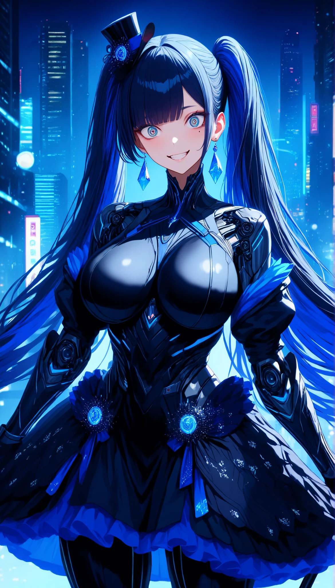 Blue spider lily, demon girl, big body, light blue hair, long hair, side-parted bangs