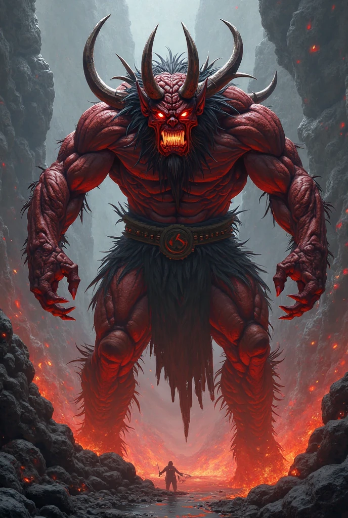 mike mignola style reference, Hellboy as a lava demon, hot molten semifluid rock, magma and lava coloring (black, red, gray, brown and tan, metallic sliver,) deep fiery rich color grading for shading depth, hand drawn, expressive bold ink lines,