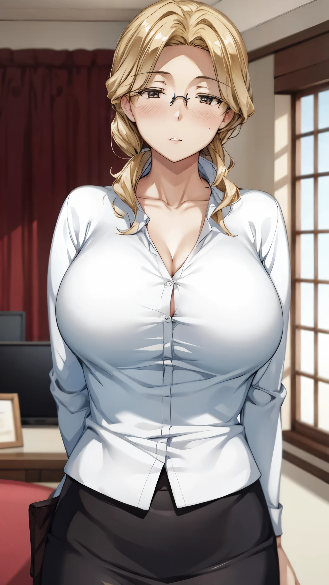 ((masterpiece, best quality:1.4)), illustration, 8k, hd, cowboy shot, anime style, detail face, detail eyes, rich girl, house, white T-shirt, small female coat, brown trousers, (massive boobs), long blond hair, brown eyes, mature, sad, ((lifeless eyes, bland eyes)), messy