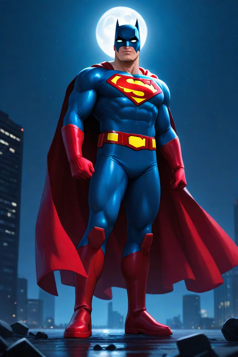 The full body Superman, overweight, with tight clothes, with funny physiognomy, in a dark and gritty setting, with a dystopian cyberpunk cityscape, with neon lights